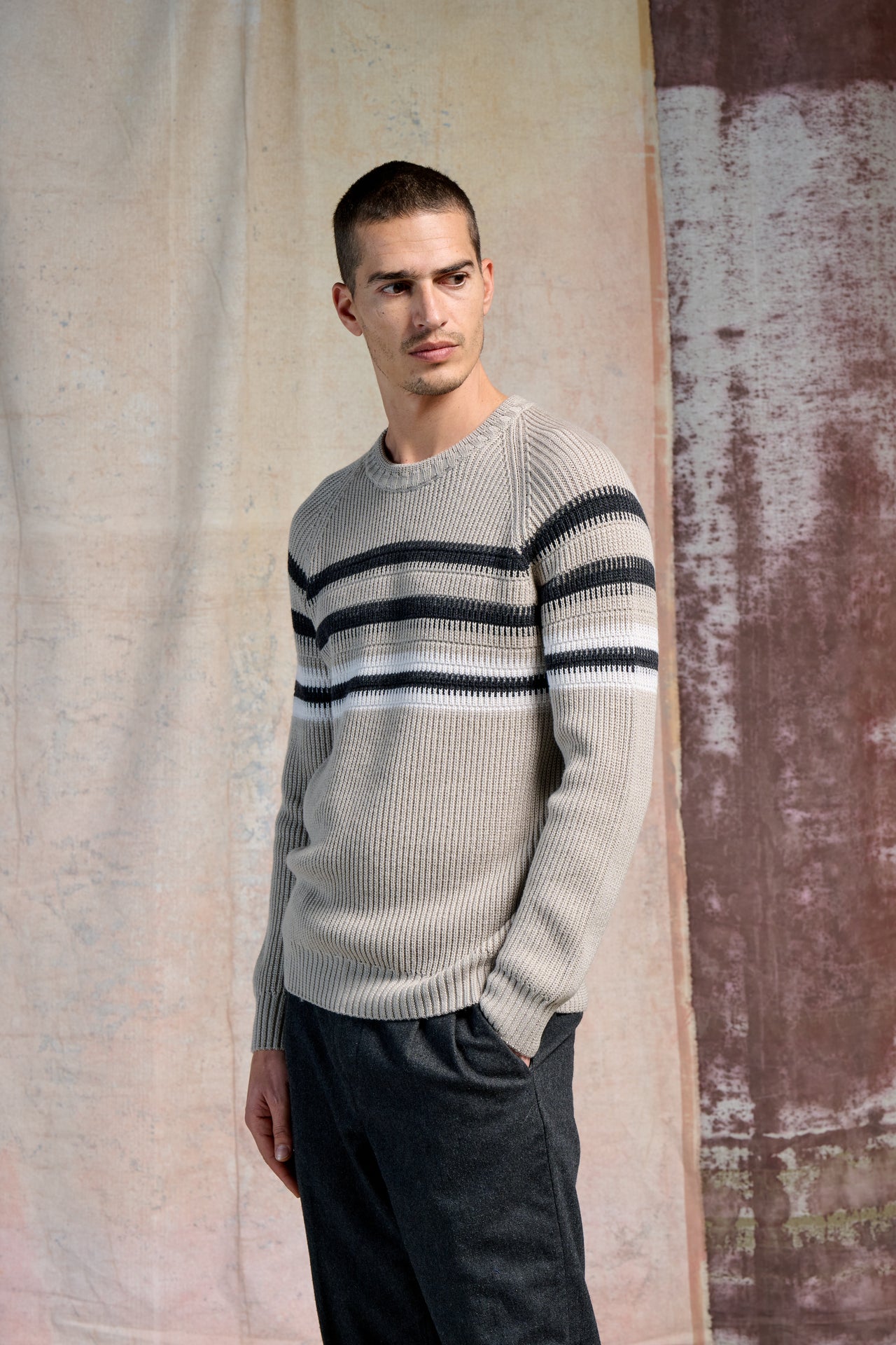 Girocollo Righe Merinos Super 100's 2/30