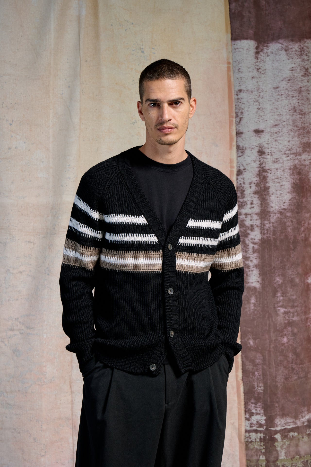 Cardigan Righe Merinos Super 100's 2/30