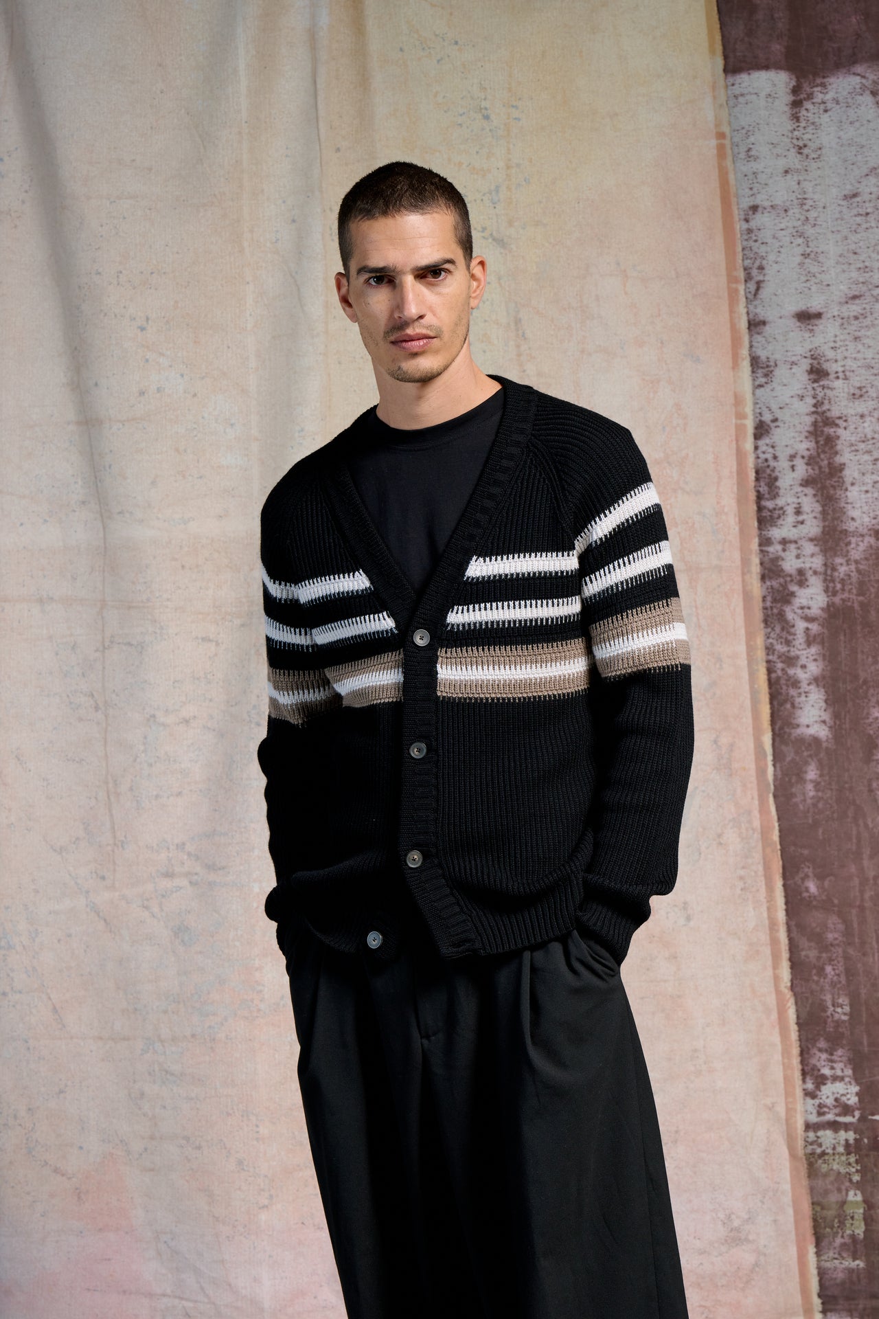 Cardigan Righe Merinos Super 100's 2/30